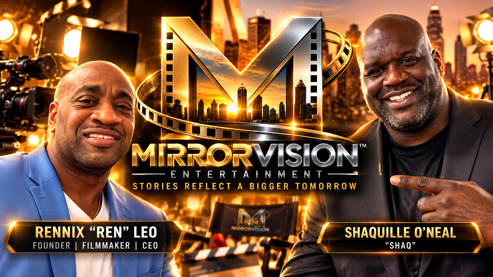 Mirror Vision Entertainment poster featuring Rennix “Ren” Leo, founder, filmmaker and CEO, with Shaquille O’Neal