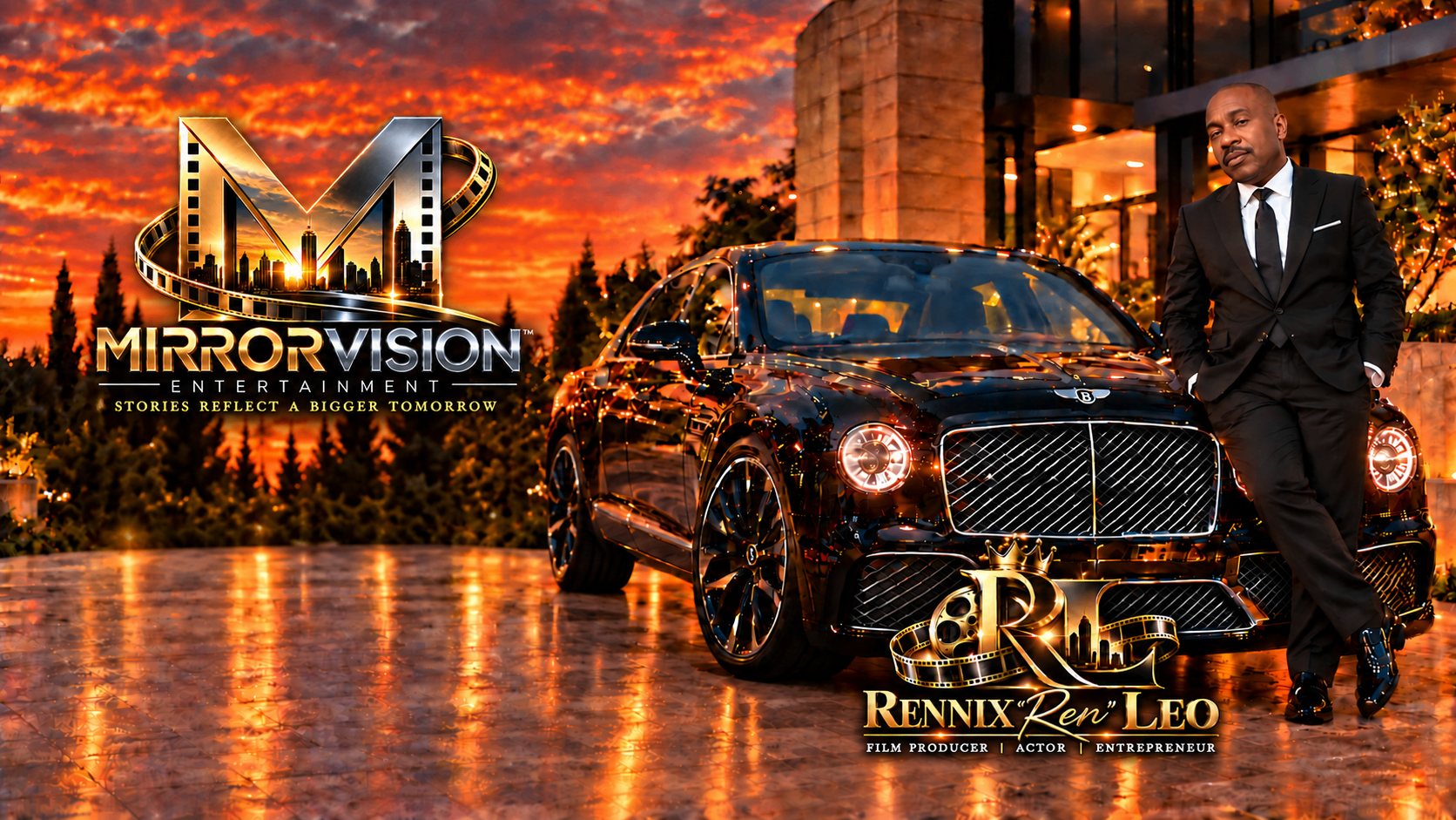 Rennix Leo in a black suit beside a black Bentley, with the Mirrorvision Entertainment logo against a sunset sky