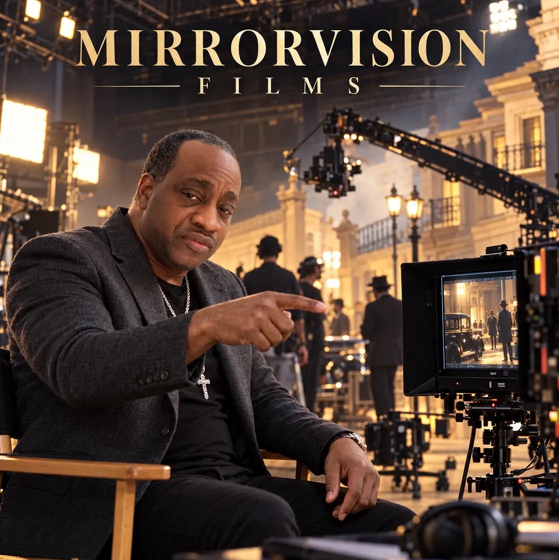 Rennix Leo seated in a director’s chair on a Mirrorvision Films set